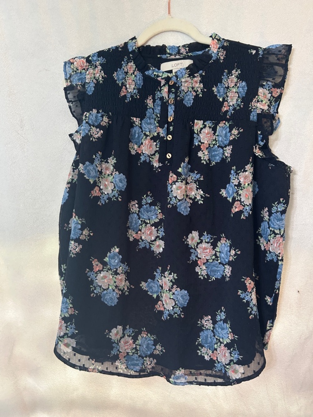 LOFT Navy Floral Button-Front Ruffle Sleeve Top
